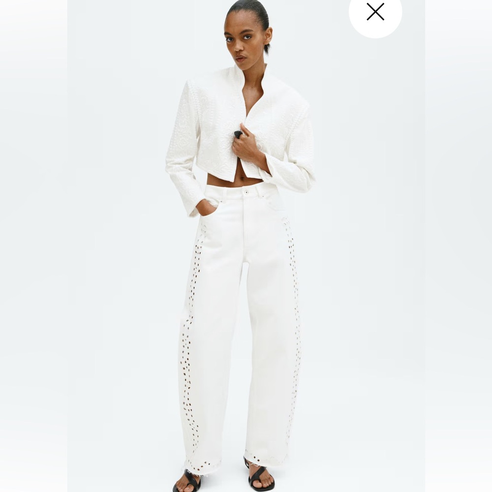 White High-Rise Wide-Leg Jeans with Eyelet Details